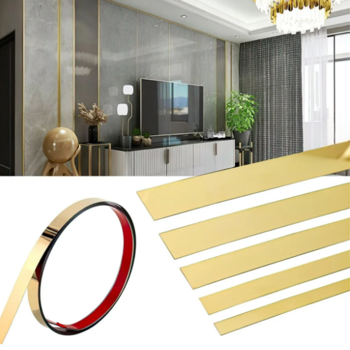 Lüks Aynalı Altın Pleksi Duvar Şeridi - Kendinden Yapışkanlı Dekoratif Çıta